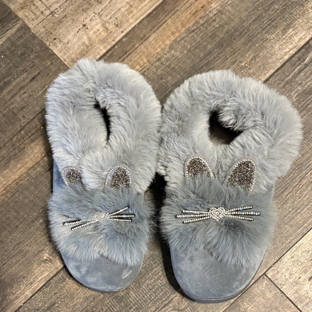 Gray Furry Cat Ear Slide Slippers with Rhinestone Whiskers